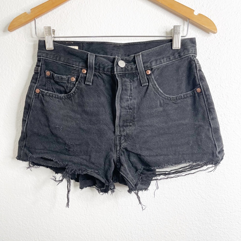 Levis Premium 501 Original High Rise Cut Off Denim‎ Shorts Washed Black Womens
